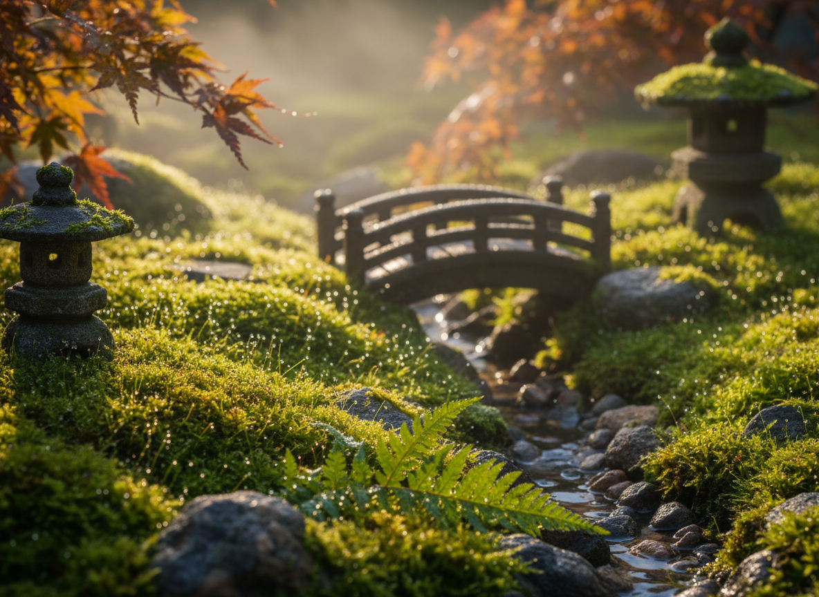 Japanese-inspired moss garden with stone lanterns